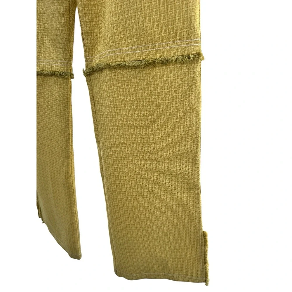 Ghospell Women's Yellow Textured Raw Seam Fringe Trousers Pants L Retro Wide Leg